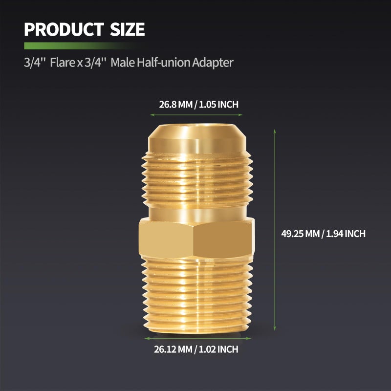 Litorange 2 PCS Metals Brass Couples Tube Fitting Half Union Gas Adapter 3/4" Flare x 3/4 Inch NPT Male Pipe Connector - Image 2